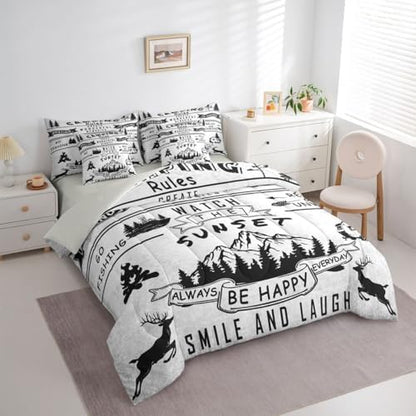 Erosebridal Happy Camping 7 Piece Bed in A Bag King Comforter Set Camping Rules Bedding Set for Boys Girls Kids Fishing and Hunting Thme Sheet Set with Comforter Deer Wildlife Woodland Camper Quilt