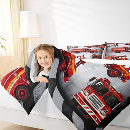 Manfei Fire Truck Comforter Set King Size Red Fire Engine Duvet Insert Cartoon Firemen Car Vehicle Bedding Set 3pcs for Kids Boys Teens Firefighter Transportation Dowm Comforter with 2 Pillowcases