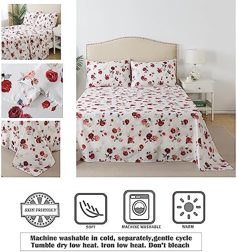 FADFAY Rose Sheets Set Twin XL Vintage White Rose Floral Bedding Shabby College Bedding 100% Percale Egyptian Cotton 800 Thread Count Ultra Soft Deep Pocket Fitted Sheet 4Pcs, Twin XL for Dorm Room