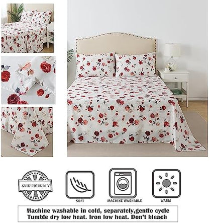 FADFAY Rose Sheets Set Twin XL Vintage White Rose Floral Bedding Shabby College Bedding 100% Percale Egyptian Cotton 800 Thread Count Ultra Soft Deep Pocket Fitted Sheet 4Pcs, Twin XL for Dorm Room