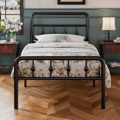 EMODA 16 Inch Twin Bed Frames with Headboard and Footboard, Heavy Duty Twin Platform Bed, Metal Slats Support Mattress Foundation, No Box Spring Needed, Easy Assembly