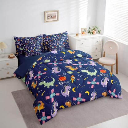Feelyou Kids Cute Dinosaur 7 Piece Bedding Set Twin Size Solar System Comforter Set with Sheets for Boys Girls Moon Star Print Bed in a Bag Navy Blue Bed Set