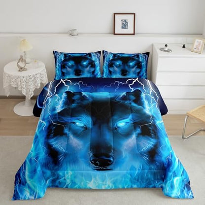 Feelyou Wolf Bedding Set Safari Animal Pattern Comforter Cool Wildlife Style Comforter Set for Boys Girls Kids Room Decor Glitter Blue Wild Wolf Lightweight Duvet Set Full Size with 2 Pillow Case
