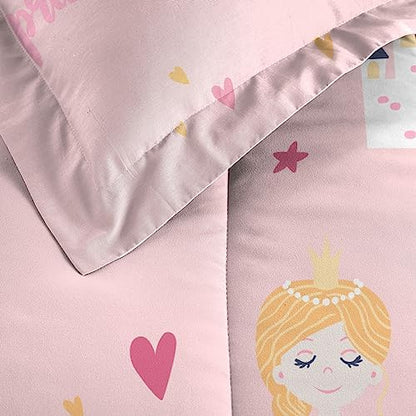 Dream Factory Kids 5-Piece Complete Bed Set Easy-Wash Super Soft Microfiber Comforter Bedding, Twin, Pink Little Princess