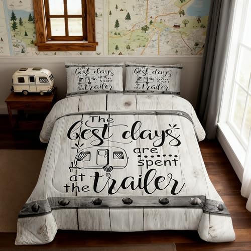 Camper Adventure Comforter Set Full Size,Happy Camping RV Trailer Decor Bedding Set 3pcs for Kids Boys Girls Adults,Rustic Farmhouse Wood Door Down Comforter,Beige Retro Duvet Insert,2 Pillowcases