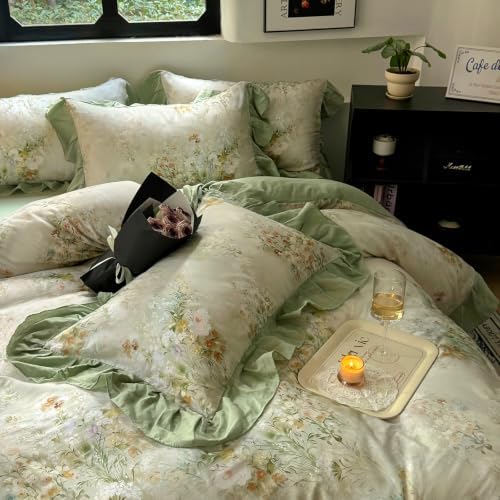 VM VOUGEMARKET Romantic Ruffle Floral Duvet Cover Set Twin Sage Green