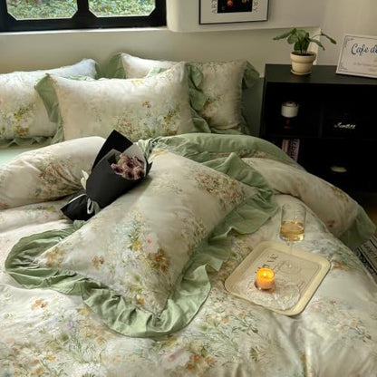 VM VOUGEMARKET Romantic Ruffle Floral Duvet Cover Set Twin Sage Green