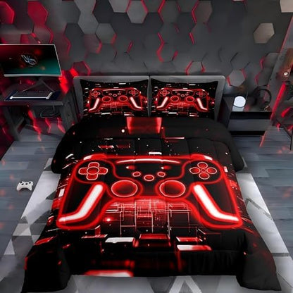 Erosebridal Gamer Comforter Set Gaming Girl Toddler Bedding Set, Neon Lights Game Boy Games Comforter Red Brick Cube Quilt,Gaming Room Decor