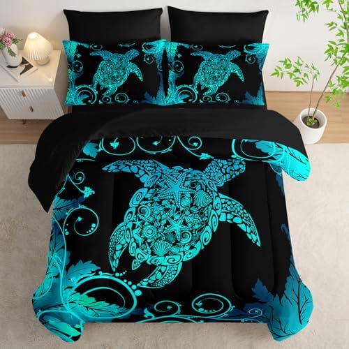 AILONEN Aqua Blue Black Turtle Comforter Set Queen,7-Piece Soft Bed in a Bag for Kids Teen,Ocean Shell Sea Turtle Comforter & Fitted Sheet with Flat Sheet & 2 Pillowcases,2 Pillow Shams for Bedroom