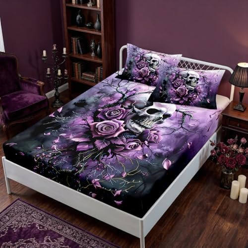 HOSIMA Death Skull Twin Size Bedding Set,1 Fitted Sheet+2 Pillowcases.
