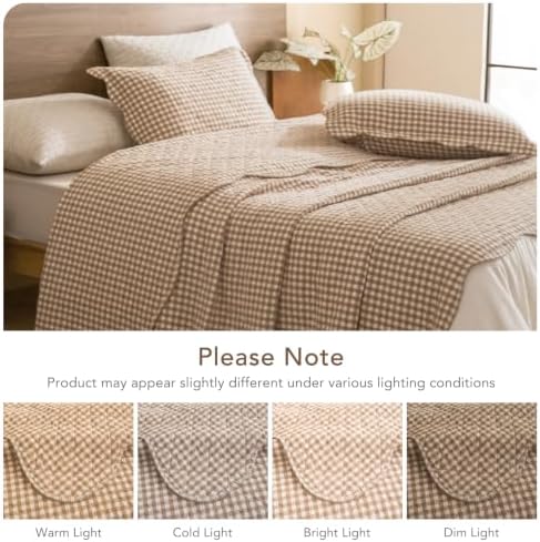 Lady Ann 100% Cotton Queen Quilt, Tan Gingham Printed Quilted Bedding Sets, 3 Pcs Lightweight Scalloped Edge Khaki Plaid Coverlet Ultra Soft Farmhouse Bedspread Set for All Season