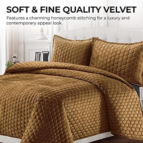 Tribeca Living Lugano Oversized Velvet Quilt Set - All Season, Extra Large, 2 Piece Twin Size Comforter Set with 1 Pillow Sham in Camel Honeycomb Pattern 260GSM