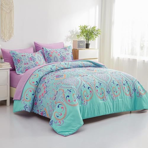 DHSFKBE Twin Comforter Set, 5 Piece Bed in a Bag, Boho Aqua and Lilac Damask Medallion Print Comforter with Sheets, Soft Microfiber Complete Bedding Set for All Season (Aqua, Twin)