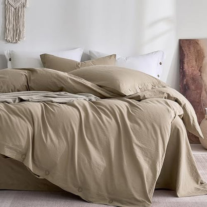 JELLYMONI 100% Washed Cotton Fall Dusty Khaki Duvet Cover Full, Linen-Like