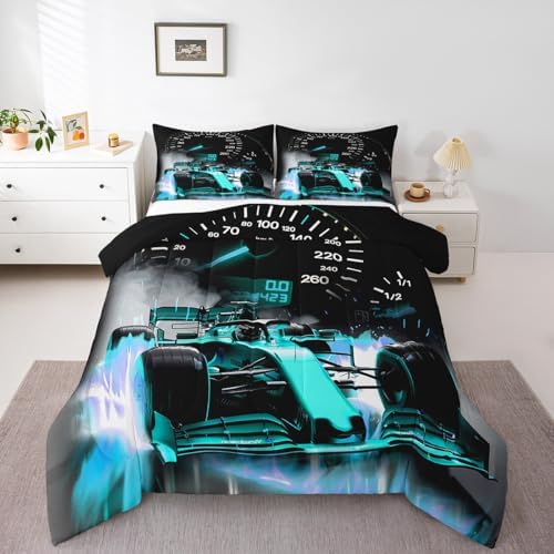 Feelyou Sports Car Bedding Set Formula Race Car Comforter Set for Kids Boys Girls Extreme Sports Theme Comforter Cool Speed Teal Blue Decor Quilt Set Bedroom Collection 3Pcs Queen Size