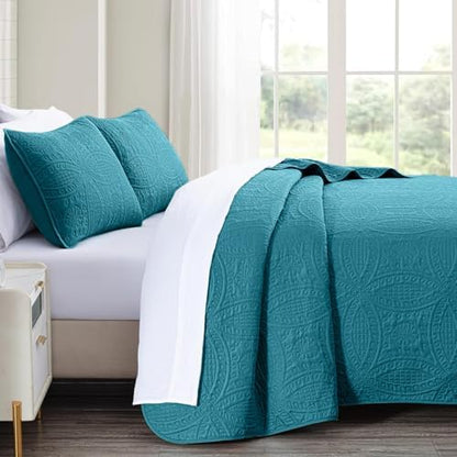 akkialla Teal King/Cal King Quilt Set, Ultrasonic Lightweight Bedspread Coverlet for Modern Minimalist Bedroom, Soft Microfiber Coin Pattern Bedding, 3-Piece (1 Quilt, 2 Pillow Shams)