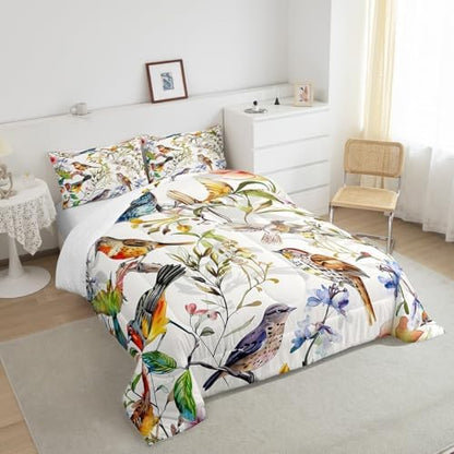 Homewish Birds Pattern King Size Comforter Set,Kids Spring Flowers Decor All Season Bedding Set,Teens Colorful Comforter,Garden Decor Quilt Set Bedroom Collection 3Pcs