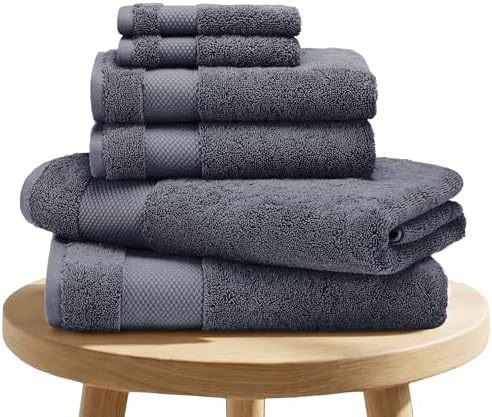 BIOWEAVES 100% Organic Cotton 700 GSM Plush 6-Piece Towel Set GOTS Certified, 2 Bath Towels, 2 Hand Towels & 2 Washcloths - Charcoal