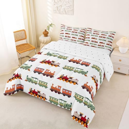 Feelyou Retro Train Comforter Set Full Size Vintage Steam Locomotive Down Bedding Set for Kids Boys Girls Transportation Vehicles Duvet Quilt Bedroom Decor Microfiber 3 Pcs with 2 Pillow Cases