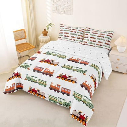 Feelyou Retro Train Comforter Set Full Size Vintage Steam Locomotive Down Bedding Set for Kids Boys Girls Transportation Vehicles Duvet Quilt Bedroom Decor Microfiber 3 Pcs with 2 Pillow Cases