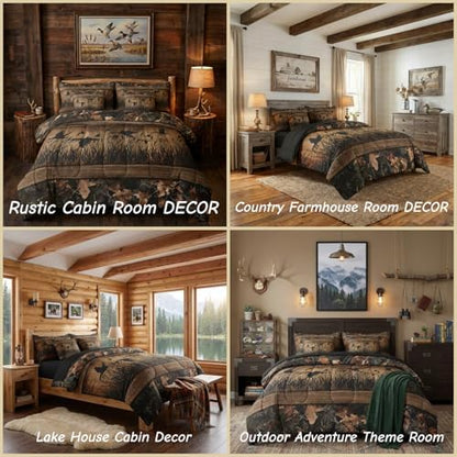Erosebridal 7 Piece Camo Mallard Duck Comforter Set with Sheets for Kids Boys Men Rustic Farmhouse Cabin Bed in A Bag Queen,Hunting Woodland Duck Bedding Set Country Wood Board Animal Bed Set