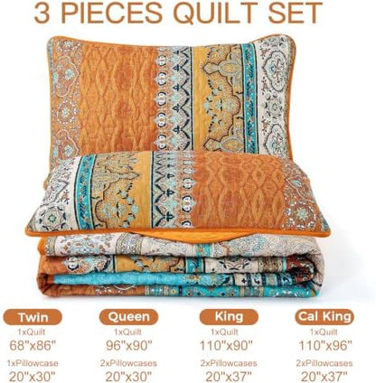WONGS BEDDING Orange Quilt Queen Size, Boho Stripe Bedding Set, 96"x90"