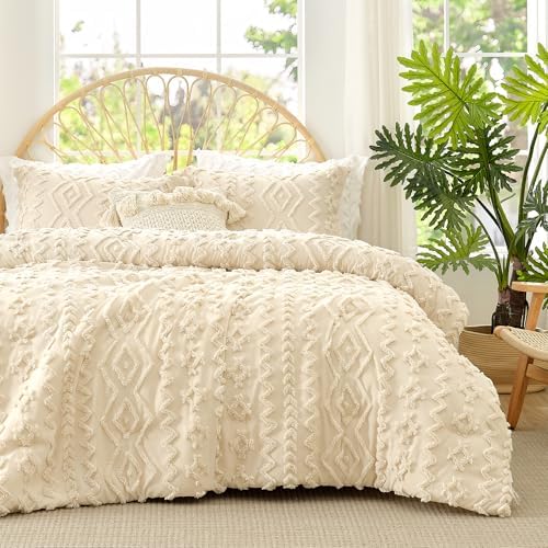 Amélie Home Tufted Boho Comforter Set Twin Size, 2 Pieces Soft Textured Bed Set, Lightweight Breathable Comforter for All Seasons, Farmhouse Shabby Chic Jacquard Bedding, Cozy Gift for Women, Beige