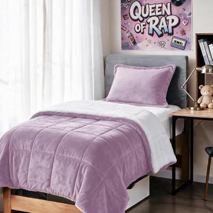 Sherpa Comforter Set Twin XL Size, Lavender Purple Bedding Set with Shams