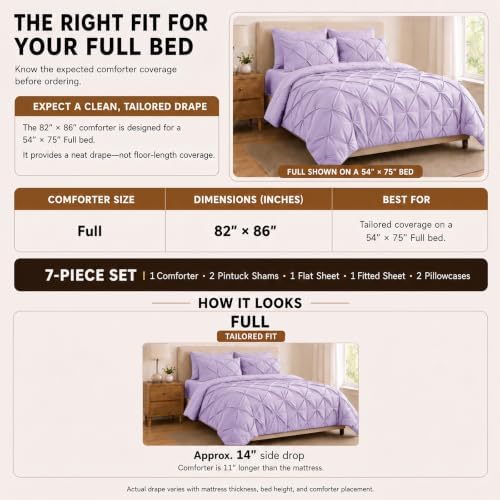 HIMEET Full Size Comforter Set Lavender - 7 Pieces Pintuck Bed in a Bag