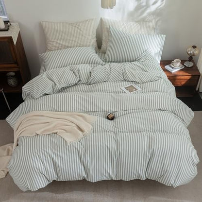 FOSSA Striped Duvet Cover Set 100% Washed Cotton Linen Feel Super Queen