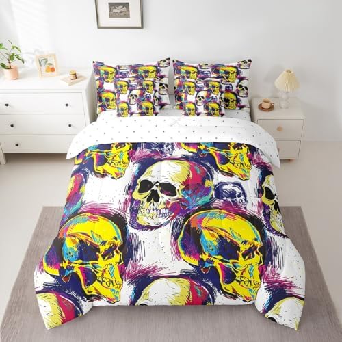 Erosebridal Sugar Skull 7 Pcs Comforter Set King Halloween Bedding Gothic Skull Skeleton Bed in A Bag Sheet Set Neon Oil Painting Quilt for Boys Men