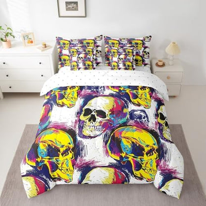 Erosebridal Sugar Skull 7 Pcs Comforter Set King Halloween Bedding Gothic Skull Skeleton Bed in A Bag Sheet Set Neon Oil Painting Quilt for Boys Men