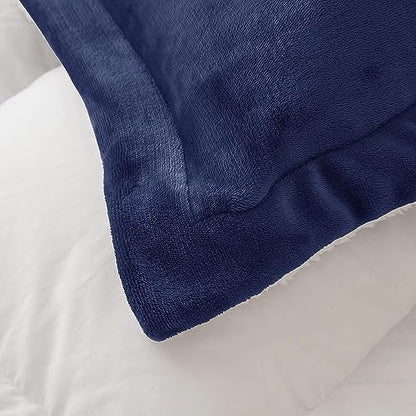 Sherpa Comforter Set Twin XL Size, Navy Blue Bedding Set with Sham