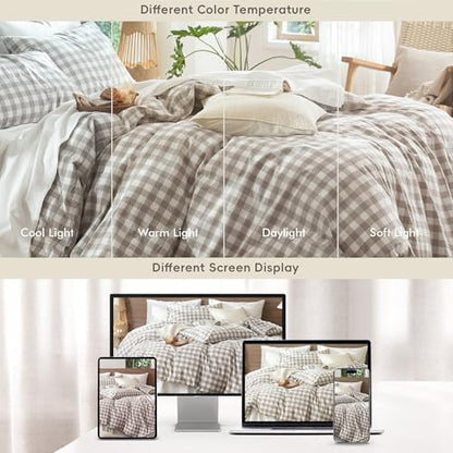 MooMee Gingham Duvet Cover Set 100% Washed Cotton Linen Like