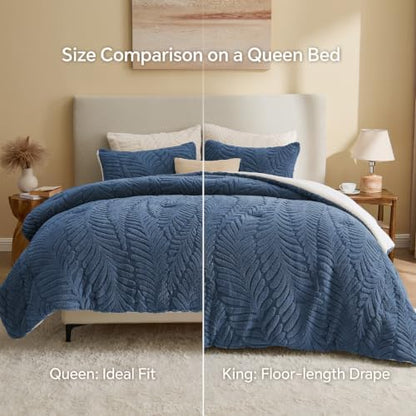BEDELITE Fluffy Sherpa Queen Comforter Set,Leaf-Navy
