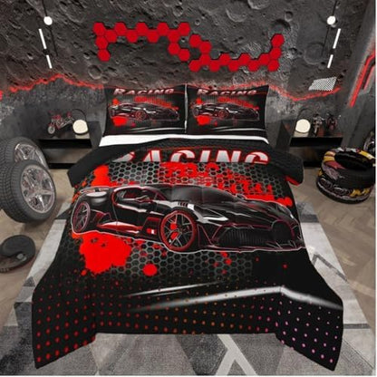 Feelyou Race Car Duvet Quilt Full Size Red Speed Sports Car Bedding Set for Kids Boys Girls Decor Automobile Bedding Set Breathable Soft Lightweight Microfiber Extreme Sports Bedroom Decor