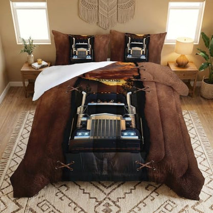 AILONEN Trucks Pattern Comforter Set Twin Size, Brown Truck and The Forest at Dusk Patterns Bedding Set for Kids Boys Girls Teens Bedroom,3 Pieces,1 Quilt and 2 Pillowcases,Soft,Breathable