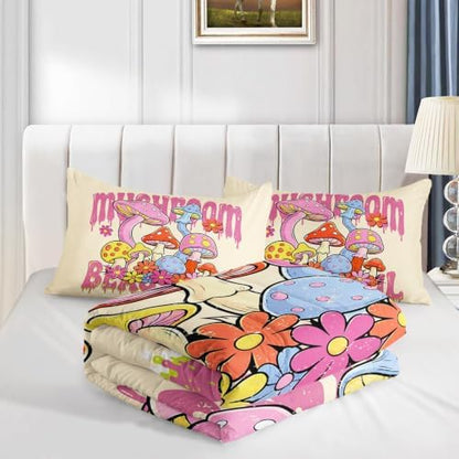 Axolotl Cartoon Mushroom Comforter Set King,Colorful Mushrooms Girls Bedding Set,3 Piece Cute Mushroom Bedding,Red Pink Floral Flower Comforter for Kids Boys Girls Teens,1 Quilt 2 Pillowcases