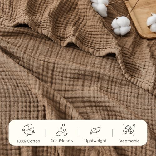 EMME Muslin Blankets for Adults Bedding Breathable Gauze Brown Super King