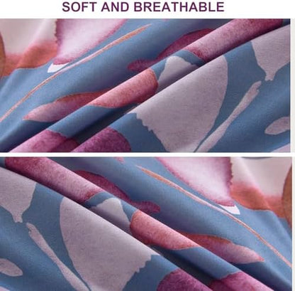 DJY Queen Comforter Set, Blue Purple Botanical Leaves Comforter Set Queen Size, 3 Pieces Reversible Purple Floral Bed Comforter Sets Soft Microfiber Bedding Comforter Set for All Season (90"x90")