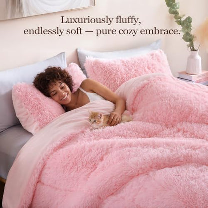 Smoofy Fluffy Twin Comforter Set, Faux Fur Pink Comforter Set 2 Pieces