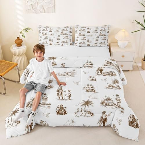 Coastal Pirate Ship Comforter Set King Size,Beach Tripical Palm Tree Bedding Sets 3Pcs Teens Adult Men Room Decor,Sailing Boat Seagull Quilted Duvet Retro Sketch Brown Down Comforter,2 Pillowcases