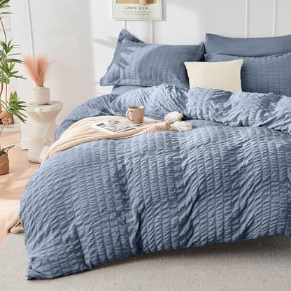 HYMOKEGE Nordic Blue King Size Comforter Set Seersucker 7 Pieces, All Season Luxury Bed in a Bag for Bedroom, Bedding Set with Comforter, Sheets, Pillowcases & Shams