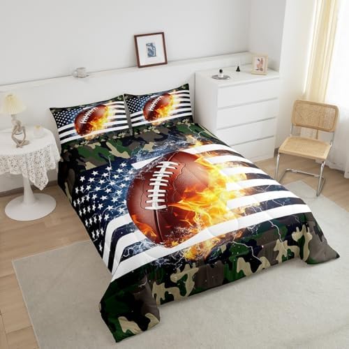 Camouflage Comforter Set for Boys, American Football Quilted Duvet King Size, Sports Games Bedding Set for Kids Teens Adult Bedroom, USA Federations Stars Down Comforter 3 Piece with 2 Pillow Cases