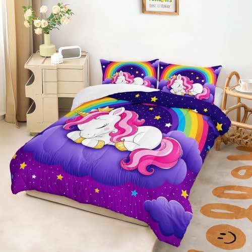 Cute Unicorn Queen Size Comforter Set for Girls with 2 Pillowcases.