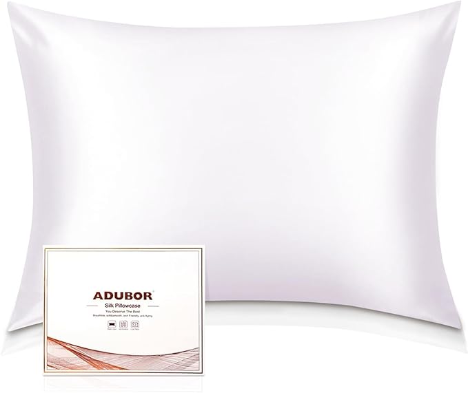 Adubor 100% Silk Pillowcase - Mulberry Silk Pillow Cases, 22 Momme 6A Grade Fibers, Silk Pillow Case for Hair and Skin Health, with Hidden Zipper (Standard 20''×26'', White, 1PC)