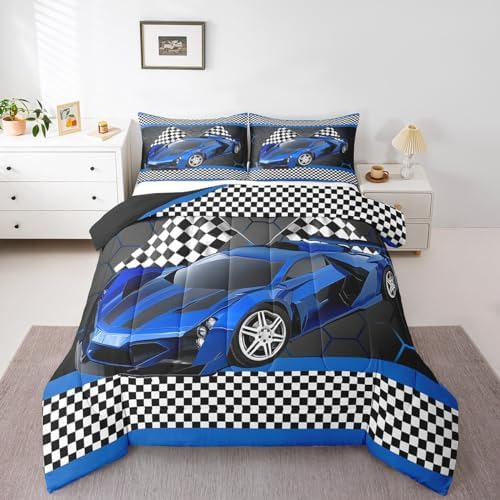 Feelyou Race Car Comforter Set for Kids Boys Black White Checkered Flag Print Comforter Extreme Sports Bedding Set King Size Bedroom Decor Honeycomb Speed Sports Car Blue Duvet Set 3pcs