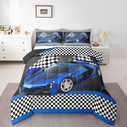 Feelyou Race Car Comforter Set for Kids Boys Black White Checkered Flag Print Comforter Extreme Sports Bedding Set King Size Bedroom Decor Honeycomb Speed Sports Car Blue Duvet Set 3pcs