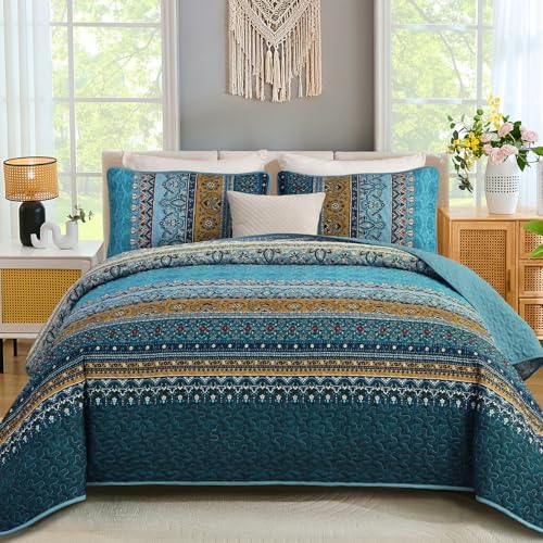 WONGS BEDDING Bohemian King Size,3 Pieces Soft Blue Bedspread Set