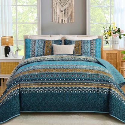 WONGS BEDDING Bohemian King Size,3 Pieces Soft Blue Bedspread Set